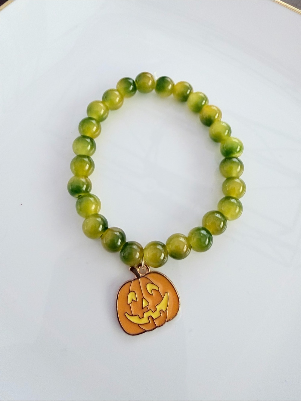 Green Beaded Bracelet with Pumpkin Charm Fall Handmade Jewelry